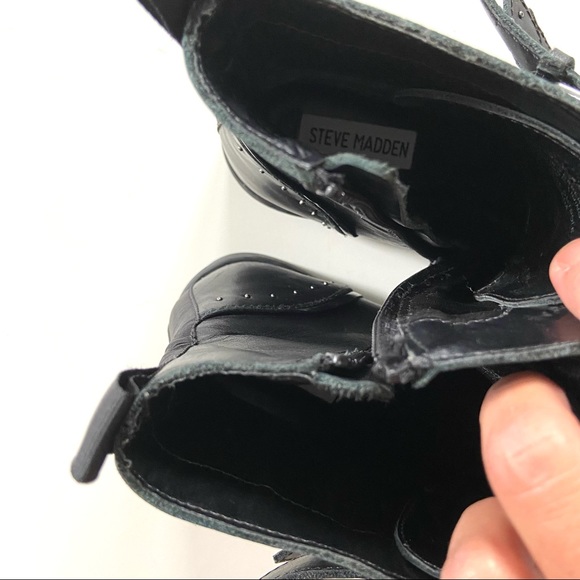 Steve Madden Pursue Black Genuine Leather Studded Buckle Moto Ankle Boots - Picture 8 of 10